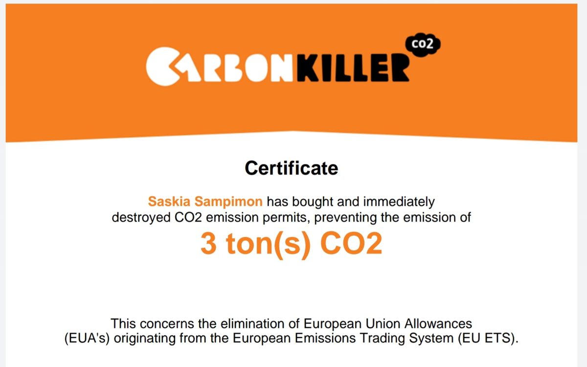 Certificaat van Carbonkiller. Ik heb emissierechten opgekocht om een vliegreis te compenseren.