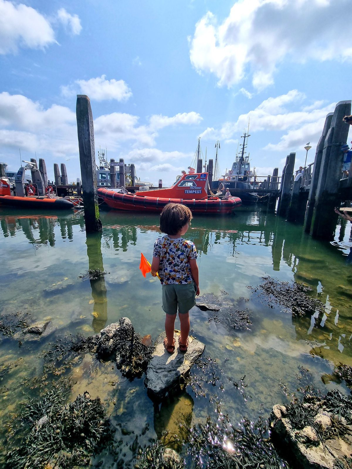 Duurzaam reizen: kind vangt krabbetjes in haven van Terschelling.