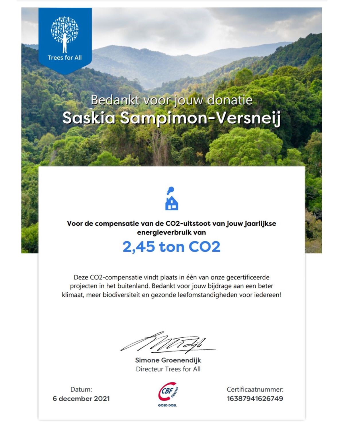 Het certificaat van Trees for All dat ik kreeg nadat ik mijn energieverbruik in een jaar had gecompenseerd.